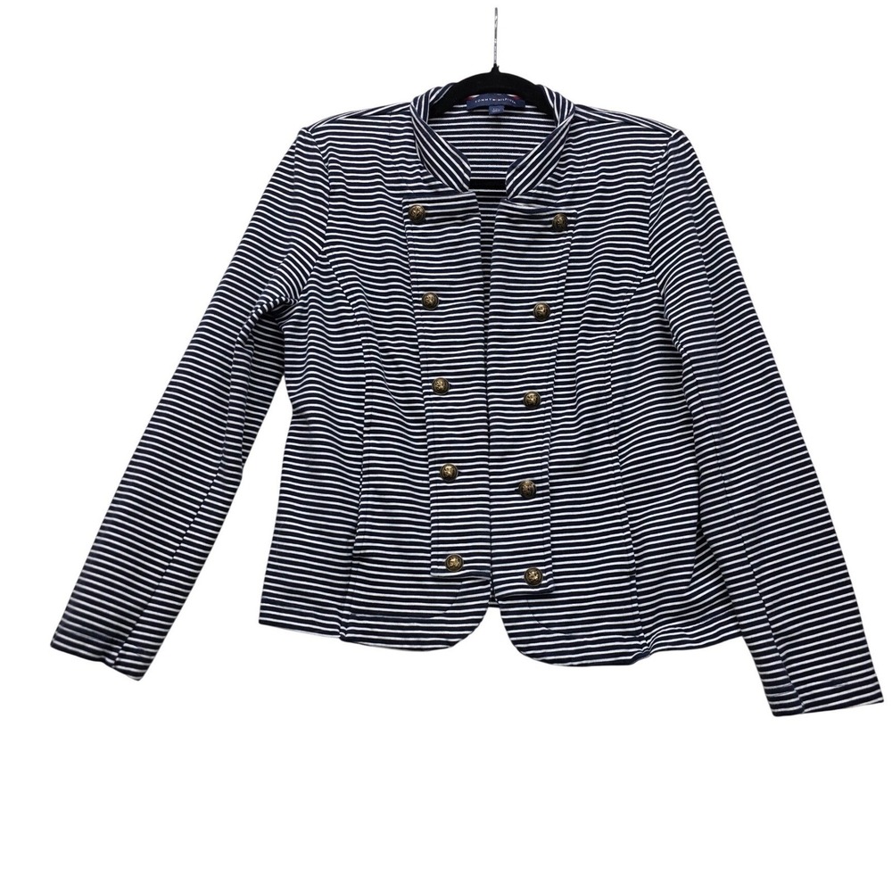 Tommy Hilfiger Womens Navy Blue White Striped Military Blazer Jacket Large L - Picture 1 of 9
